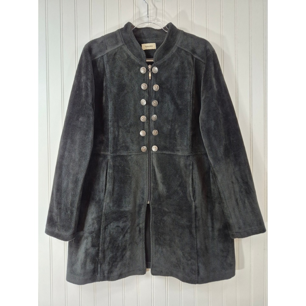 Venario Black Fleece Military Style Jacket Silver Crest Buttons Coat Women L